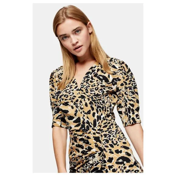 Topshop Leopard Print Mock Wrap Midi Dress Sz 4 - Picture 3 of 7